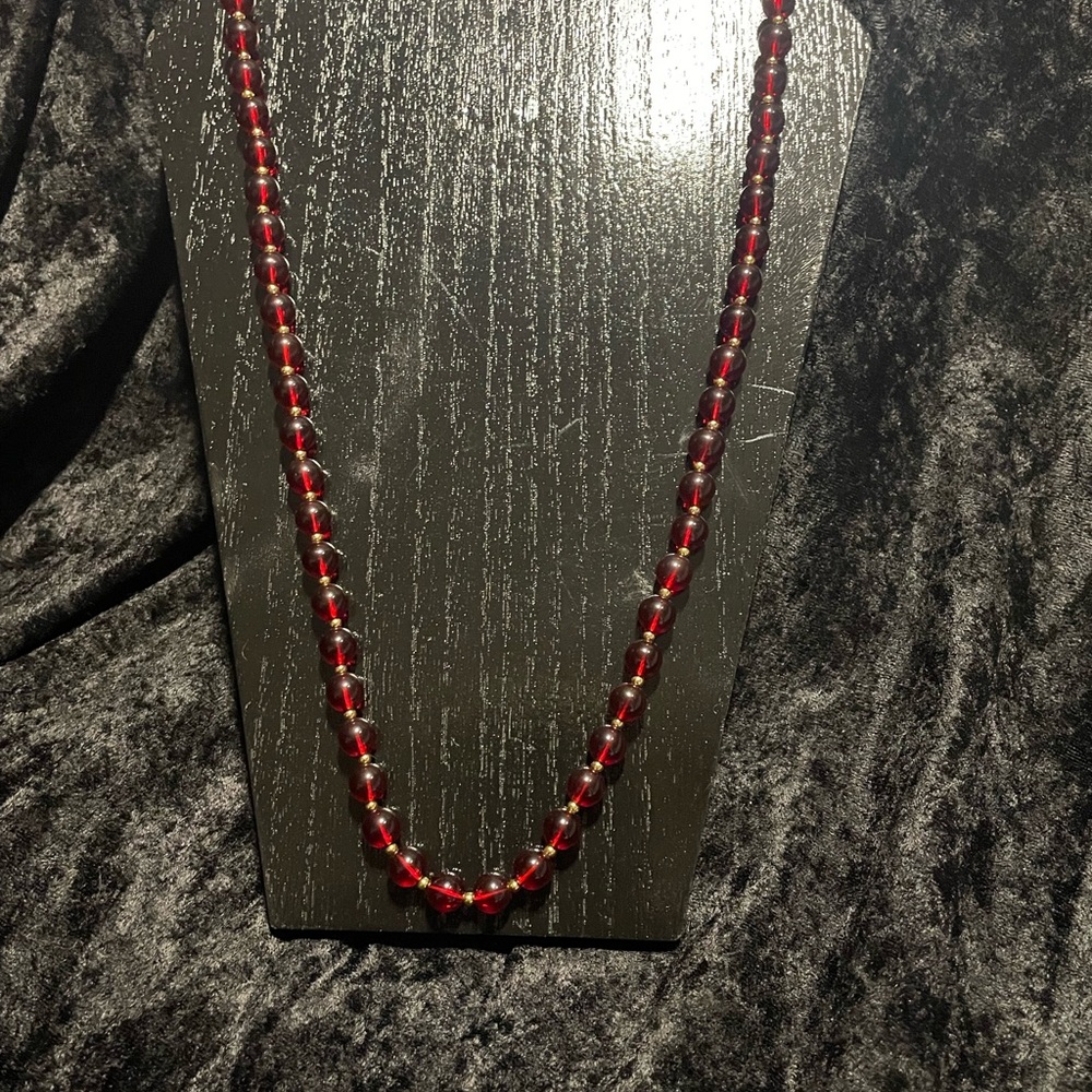 Vintage Monet Red Glass Beaded Necklace with gold tone beads. 30”